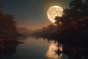 The moon is rising at midnight above the mountain with . photo