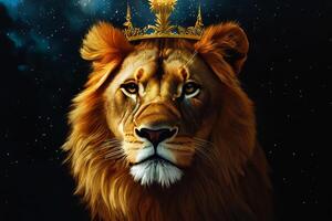 The lion is wearing crown with . photo