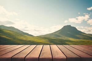 The old wooden table in front of mountain and sky with . photo