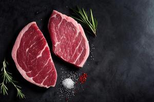 The raw steak on the black background with . photo