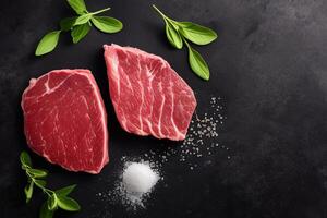 The raw steak on the black background with . photo