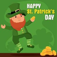 Traditional irish elf with clothes and pile of golden coins Patrick day poster Vector illustration