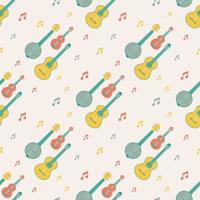 Vector seamless pattern of musical strings instruments with notes. Isolated on beige background orchectra - guitar, banjo, ukulele.