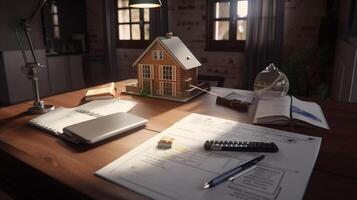 a small house and documents on table , real estate housing concept photo