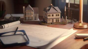 a small house and documents on table , real estate housing concept photo