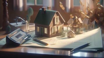 a small house and documents on table , real estate housing concept photo