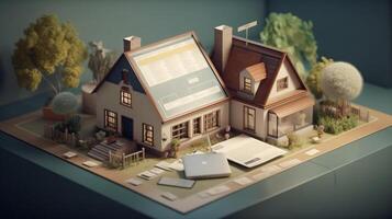 a small house and documents on table , real estate housing concept photo