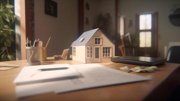 a small house and documents on table , real estate housing concept photo