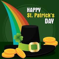 Traditional irish hat with golden coins and rainbow Patrick day poster Vector illustration