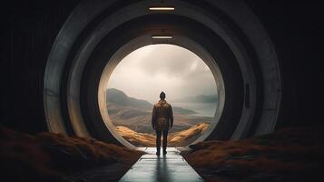 a Man in futuristic tunnel. Futuristic interior. 3D rendering. photo