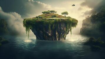 Fantasy landscape with a waterfall in the ocean. 3d rendering photo