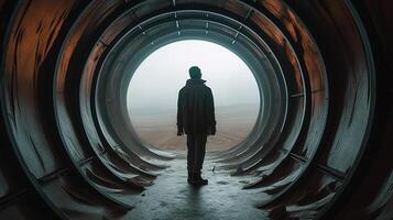 a Man in futuristic tunnel. Futuristic interior. 3D rendering. photo