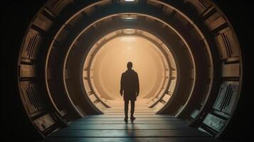 a Man in futuristic tunnel. Futuristic interior. 3D rendering. photo