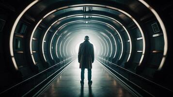 a Man in futuristic tunnel. Futuristic interior. 3D rendering. photo