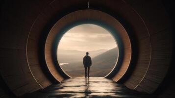 a Man in futuristic tunnel. Futuristic interior. 3D rendering. photo