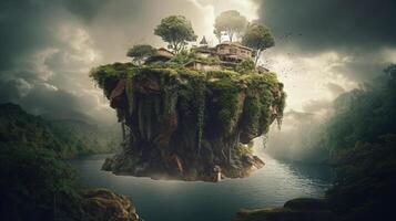 Fantasy landscape with a waterfall in the ocean. 3d rendering photo