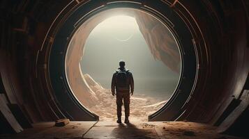 a Man in futuristic tunnel. Futuristic interior. 3D rendering. photo