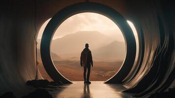 a Man in futuristic tunnel. Futuristic interior. 3D rendering. photo