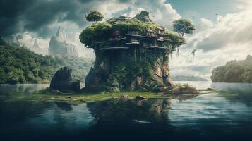 Fantasy landscape with a waterfall in the ocean. 3d rendering photo