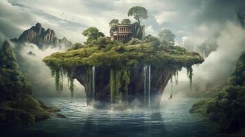 Fantasy landscape with a waterfall in the ocean. 3d rendering photo