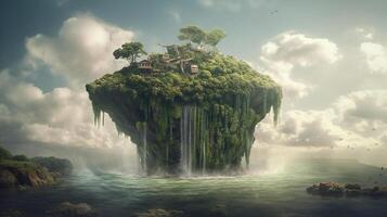 ai generativo fantasía paisaje con un cascada en el océano. 3d representación foto