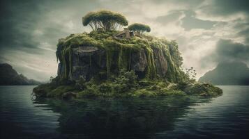 Fantasy landscape with a waterfall in the ocean. 3d rendering photo