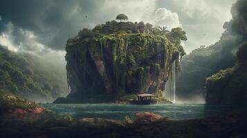Fantasy landscape with a waterfall in the ocean. 3d rendering photo