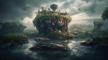 Fantasy landscape with a waterfall in the ocean. 3d rendering photo