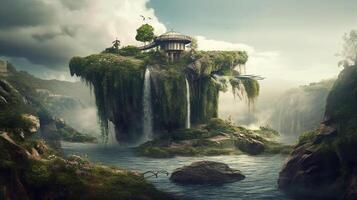 Fantasy landscape with a waterfall in the ocean. 3d rendering photo