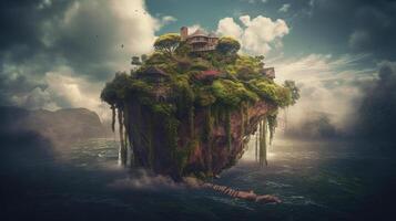 Fantasy landscape with a waterfall in the ocean. 3d rendering photo