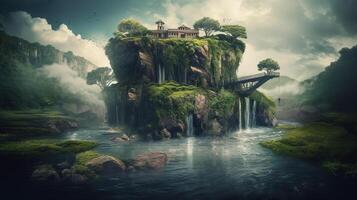 Fantasy landscape with a waterfall in the ocean. 3d rendering photo