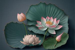 Lake blue lotus leaves pink lotus flower. . photo