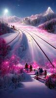 group of people riding on top of a snow covered slope. . photo