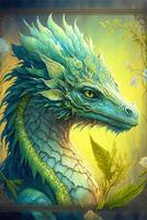 painting of a blue dragon with green eyes. . photo