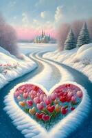 painting of a heart with tulips in the snow. . photo