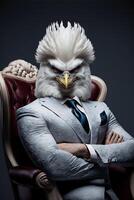 man in a suit sitting in a chair with a sheep mask on his head. . photo