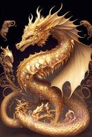 golden dragon on a black background. . photo