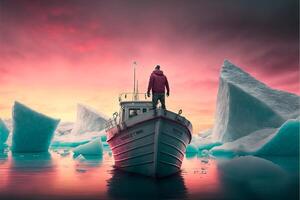 hombre en pie en parte superior de un barco en el agua. generativo ai. foto