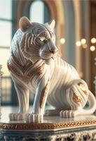 statue of a white tiger sitting on top of a table. . photo