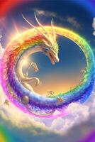 rainbow colored dragon flying through a cloudy sky. . photo