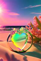 crystal heart sitting on top of a sandy beach. . photo