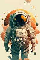 an astronaut in a space suit with planets in the background. . photo