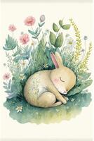 watercolor painting of a rabbit sitting in the grass. . photo