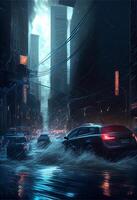 cars driving through a flooded city street at night. . photo