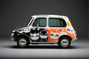 black and white van with cats painted on it. . photo