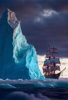 ship sailing past an iceberg in the ocean. . photo