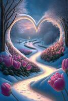 painting of tulips and a heart in the snow. . photo