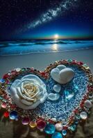 heart shaped arrangement of pink and yellow roses in the snow. . photo