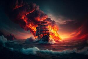 an image of a ship on fire in the ocean. . photo