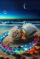 couple of white roses sitting on top of a sandy beach. . photo